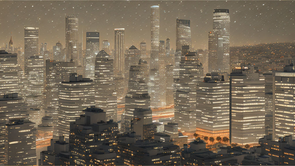 Illuminated Night Cityscape with Snowflakes and Hazy Atmosphere