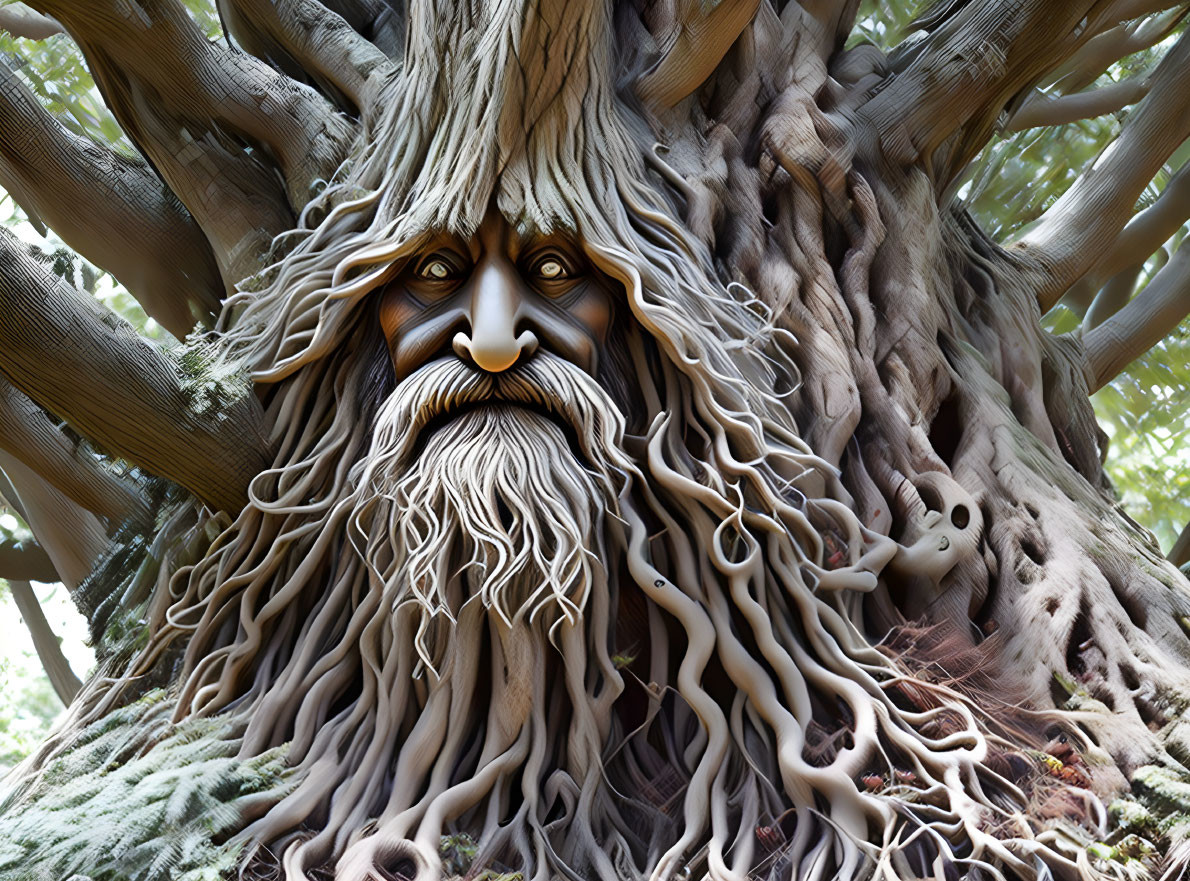 Detailed tree sculpture with face, eyes, nose, and beard blending with roots and branches