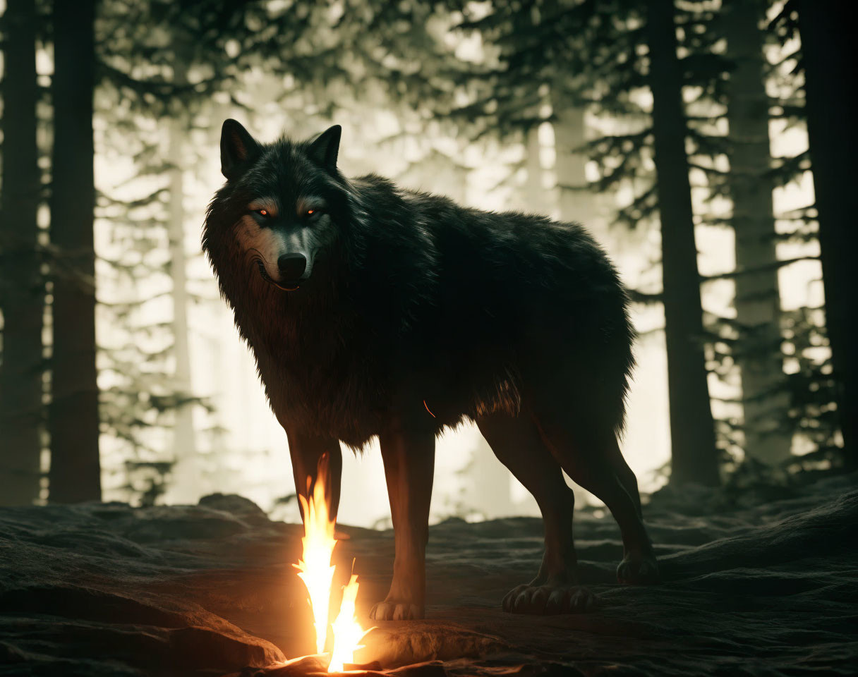 Majestic wolf on rocky terrain with forest backdrop in warm sunlight.