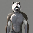 Anthropomorphic white wolf 3D illustration with blue eyes and belt