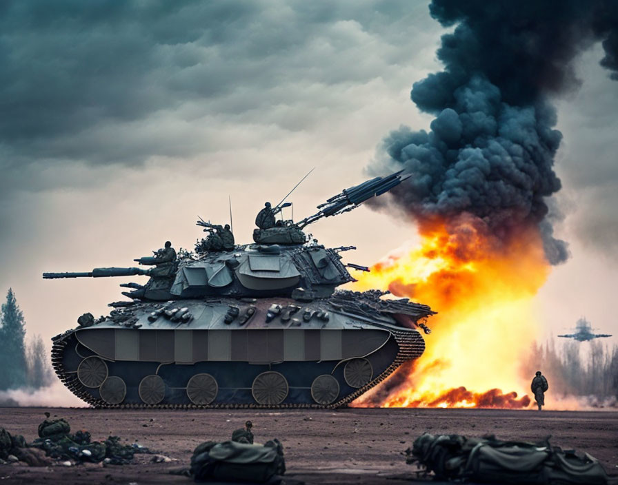 Military tank in action on battlefield with soldiers, heavy smoke, and flames.