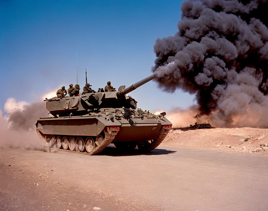Military tank speeding in dusty terrain with black smoke billowing under clear sky