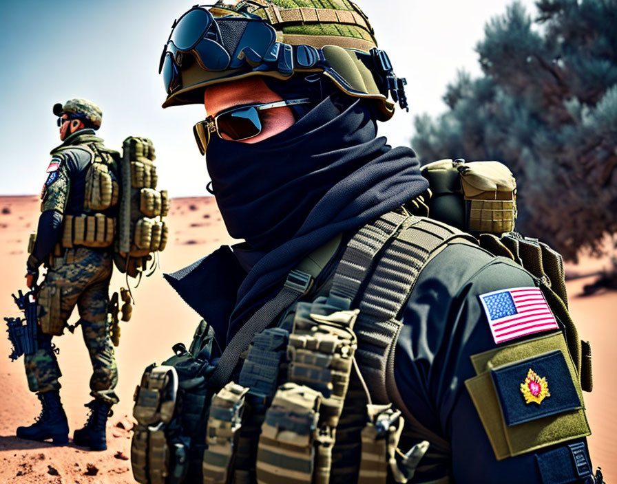 Armed Soldiers in Tactical Gear in Desert Environment