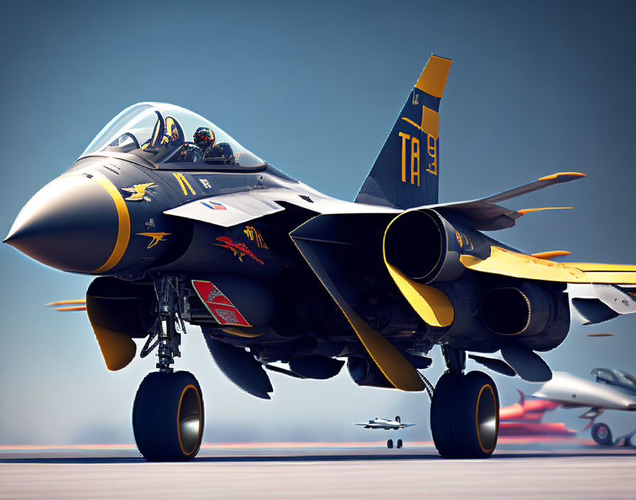 Stationary F-16 Fighter Jet with Yellow and Black Tail Markings on Airfield