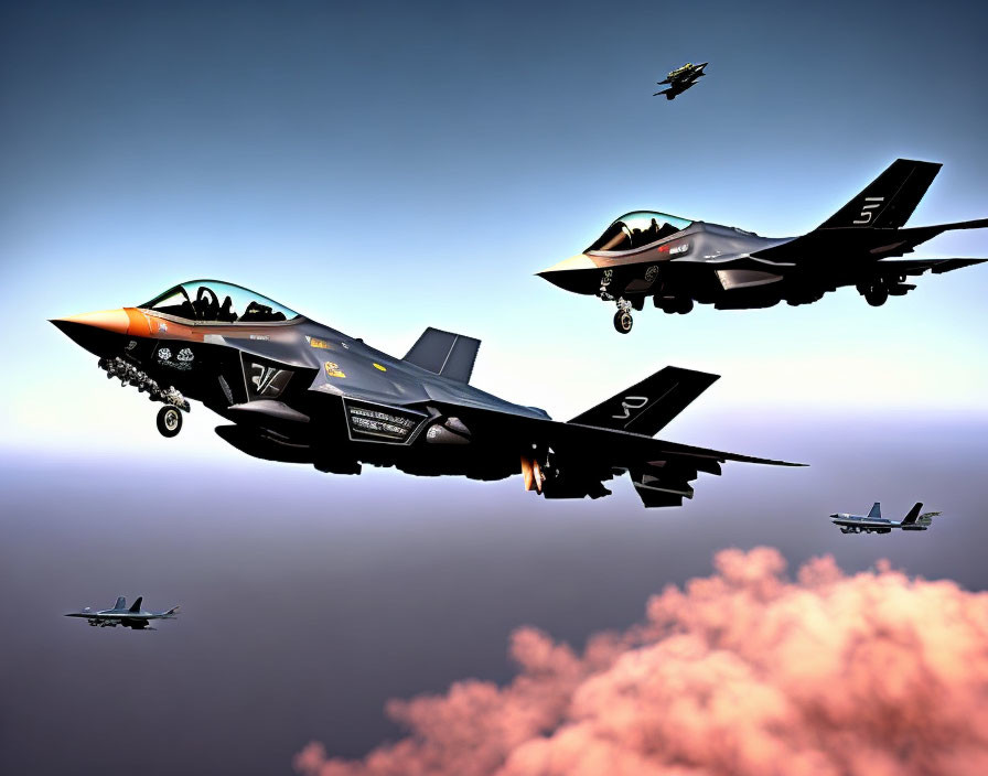 Military aircraft flying in formation with afterburners in dusky sky