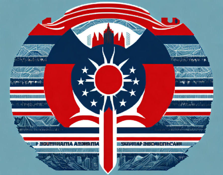 Red and Blue Sun Emblem with Stars and Stripes in City Skyline Design