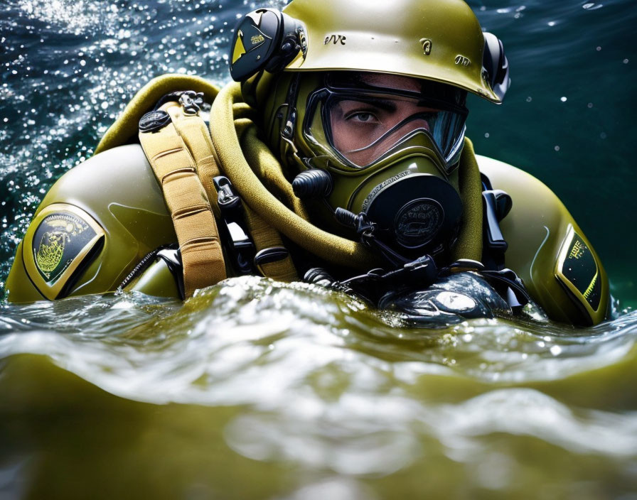 Diver in Yellow and Black Suit with Full-Face Mask Surfacing in Clear Water