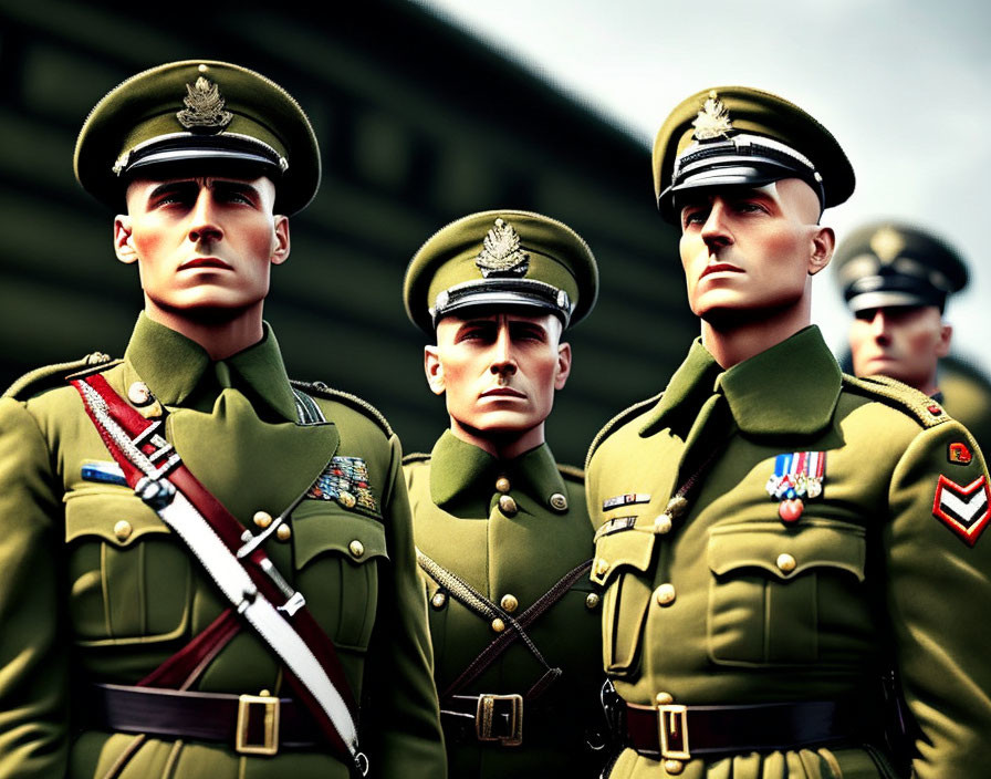 Military figures in uniform with medals and badges standing in a disciplined line