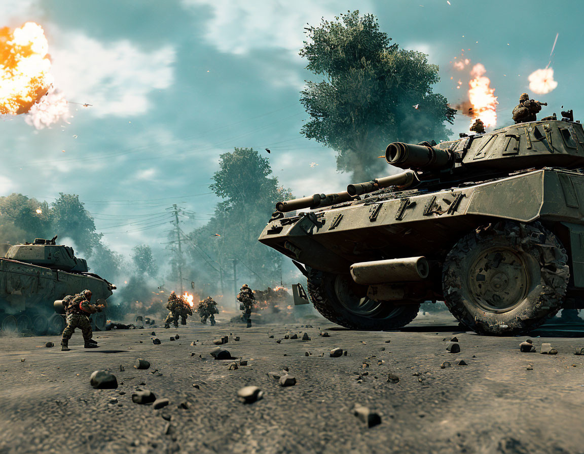 Soldiers and Tanks in Explosive Battle Scene