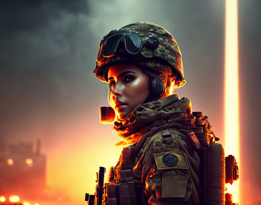 Digital artwork: Female soldier in combat gear with fiery background & distant light beam