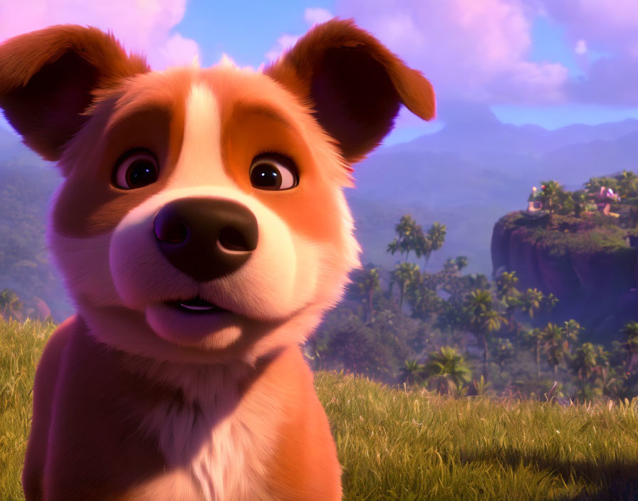 Cartoon dog with expressive eyes in sunny mountain landscape