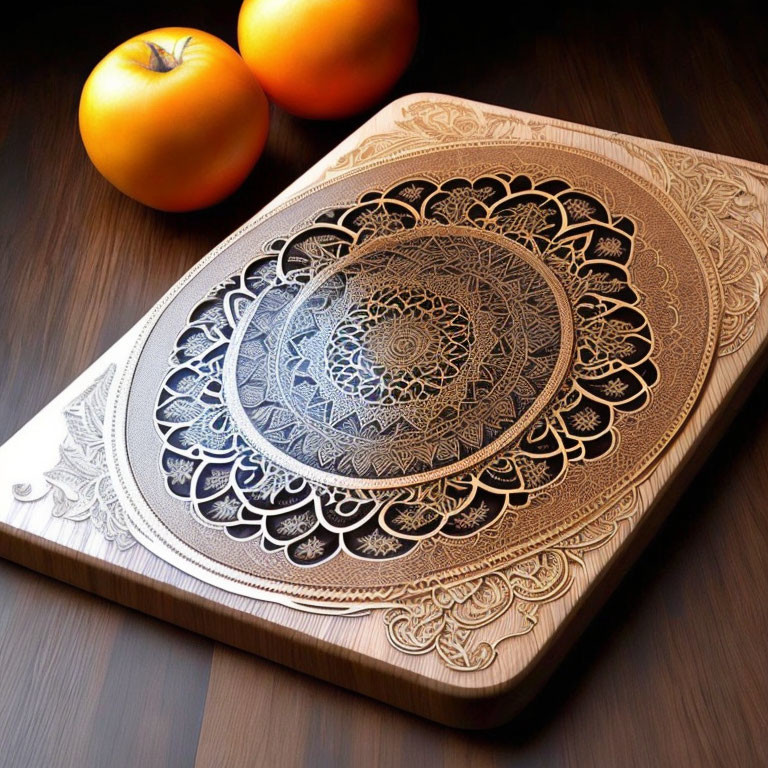 Circular Mandala Pattern Engraved Wooden Cutting Board with Orange Fruit