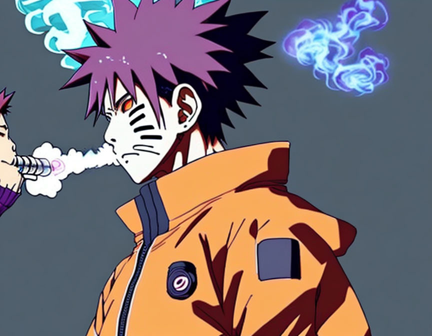 Purple Spiky-Haired Character Exhaling Smoke with Blue Flames and Orange Jacket
