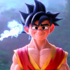 Purple Spiky-Haired Character Exhaling Smoke with Blue Flames and Orange Jacket