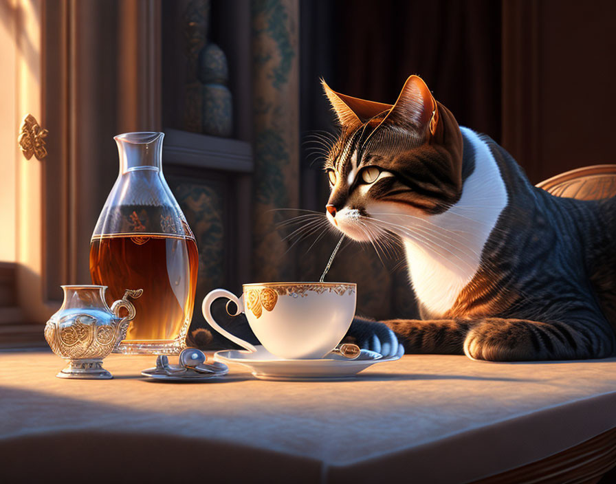 Cat next to tea set in warm light, cozy ambiance