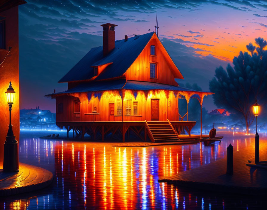 Twilight scene: Wooden house on lakeside pier with glowing street lamps and colorful sky reflected on water