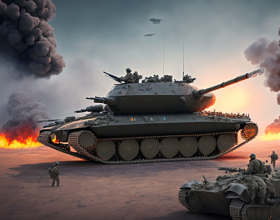 Tank firing in battlefield with soldiers, aircraft, explosions, and smoke