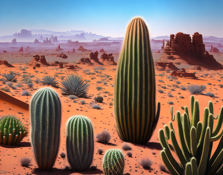 Desert landscape with cacti and rocky mesas under clear blue sky