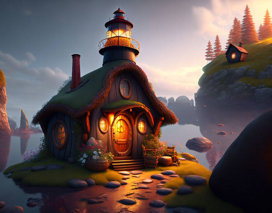 Charming cottage with lighthouse tower on rocky islet at dusk