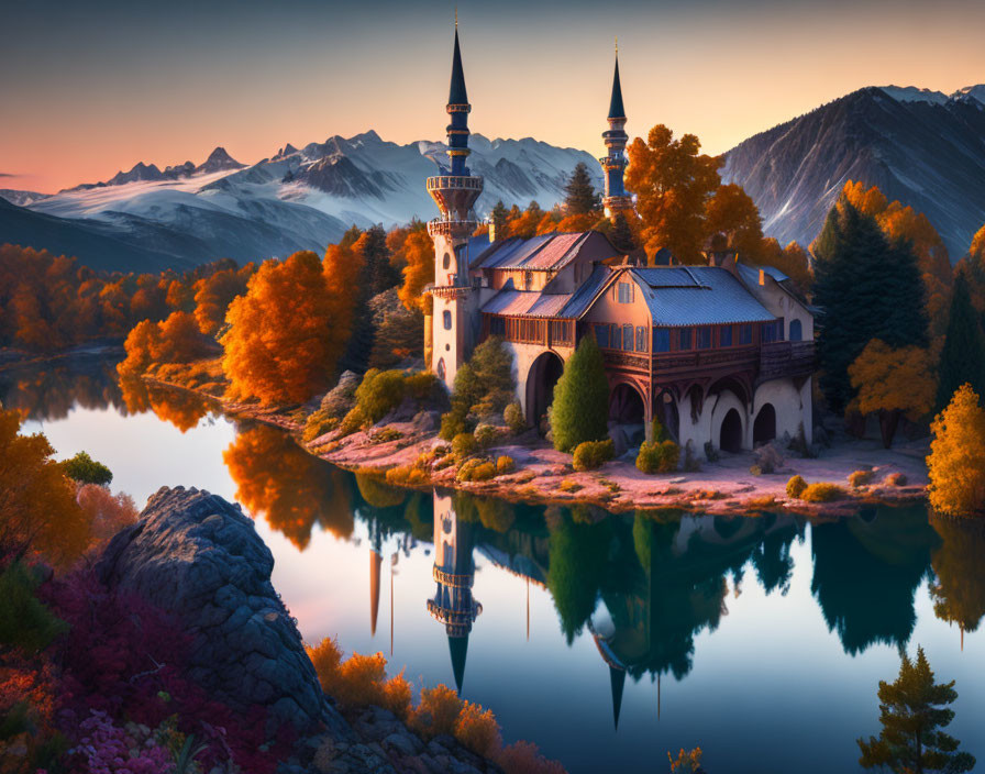 Autumn Castle with Twin Spires Reflecting on Tranquil Lake