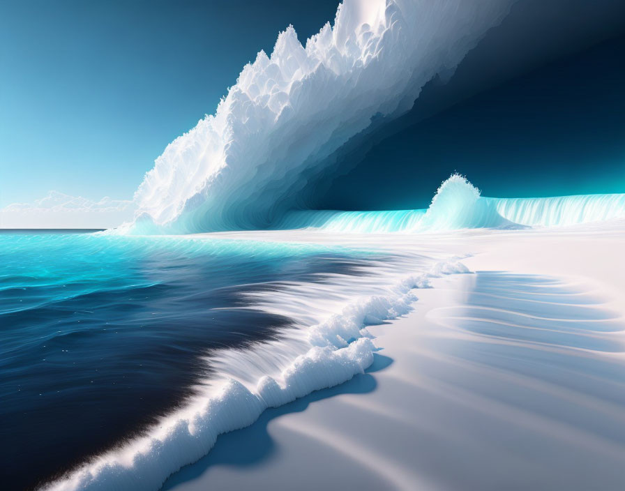 Surreal landscape featuring towering ice wave over tranquil blue sea