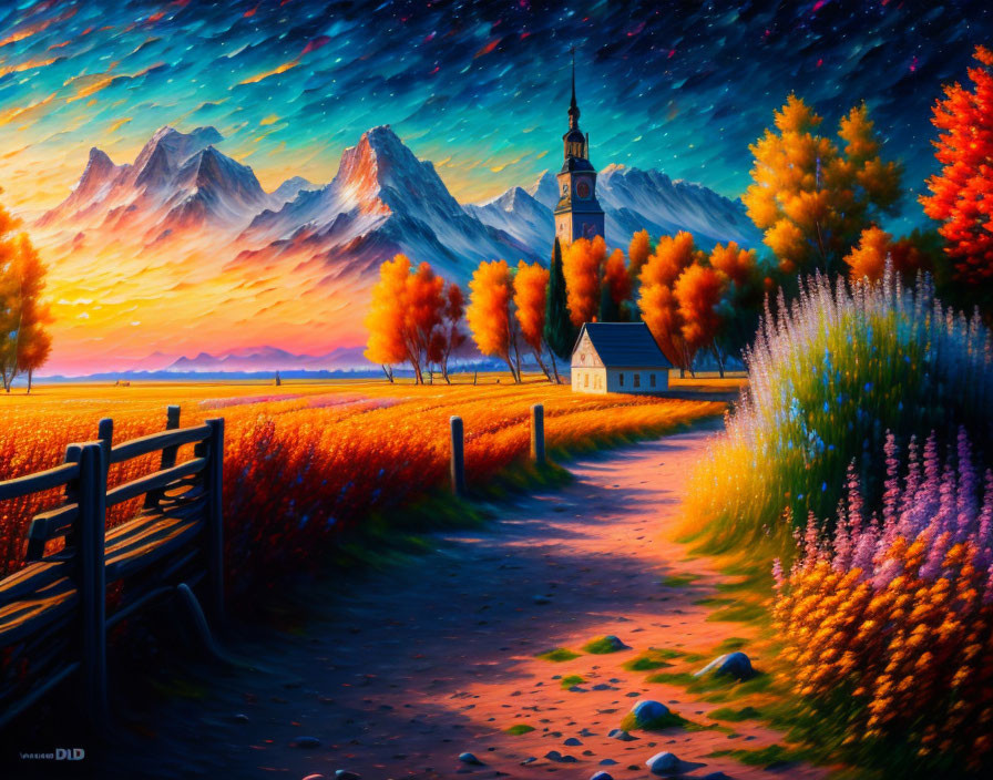 Scenic autumn path to church with mountains at sunset