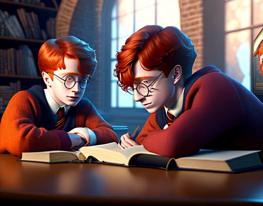 Harry potter and Ron Weasley study side by side