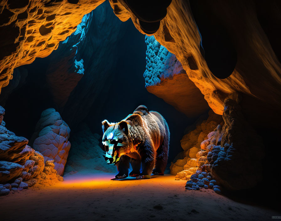 Bear emerging from dark cave into warm light with rocky textures.