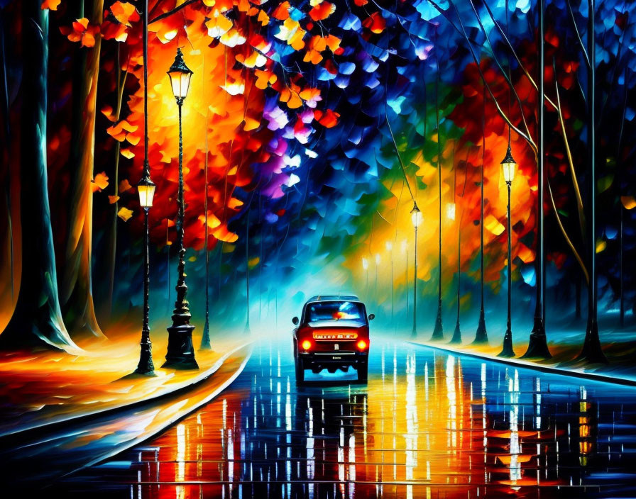 Colorful painting of car on reflective, wet street with glowing lamps and multicolored trees.