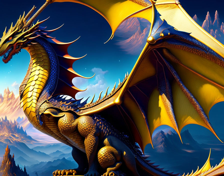 Golden dragon with outstretched wings in mountain landscape under crescent moons