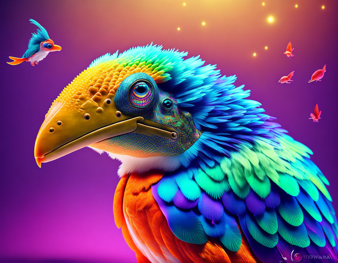 Colorful Fantastical Bird Artwork with Rainbow Plumage and Floating Butterflies