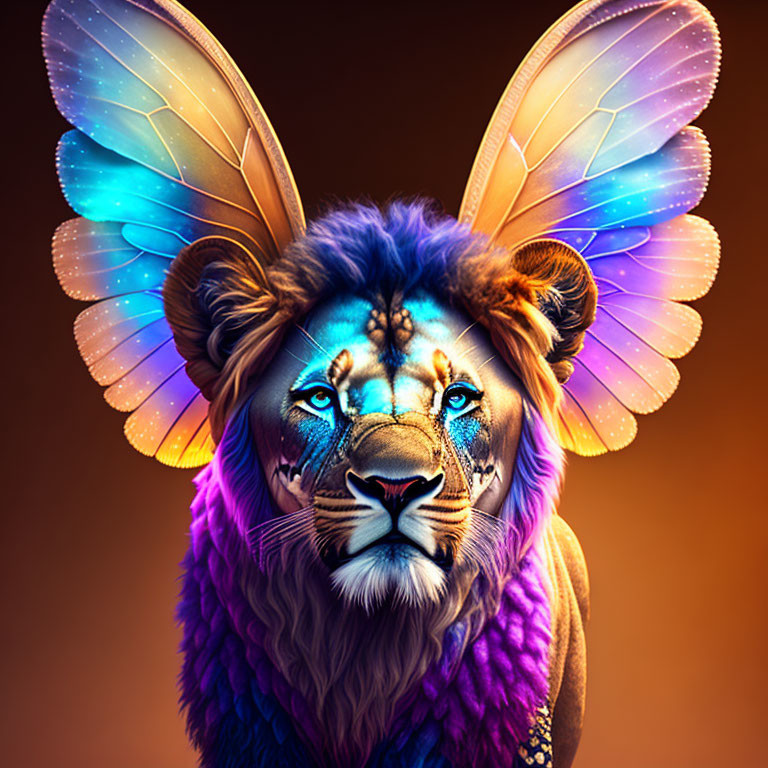 Colorful digital artwork: Lion with butterfly wing ears in blue, purple, and orange.