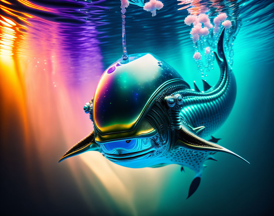 Vibrant digital art: fish with futuristic helmet in underwater scene