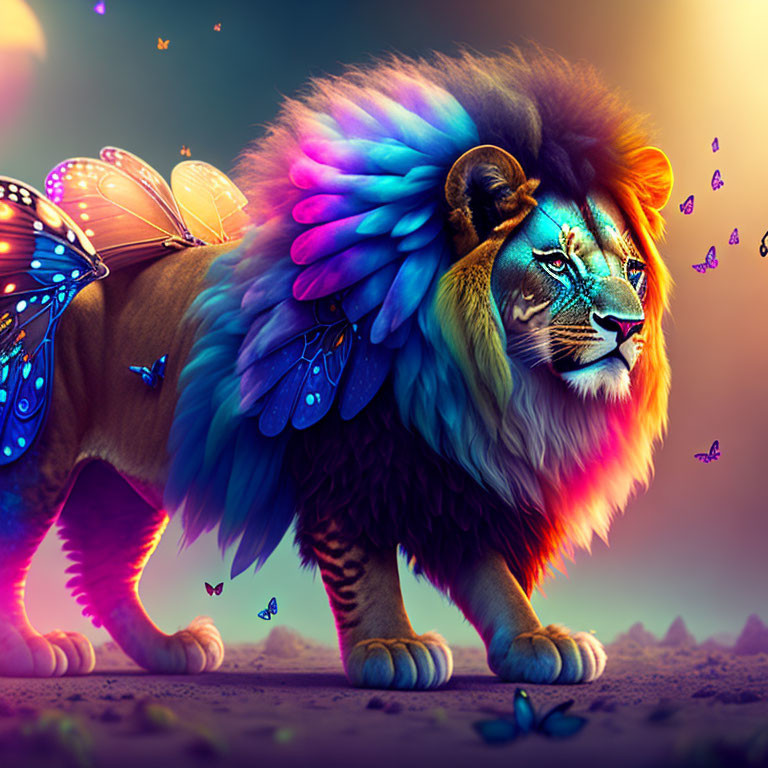 Multicolored lion with butterfly wings in fantasy setting
