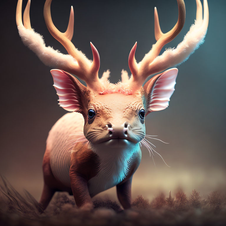 Unique creature with piglet body, deer antlers, and fish fin ears in natural setting