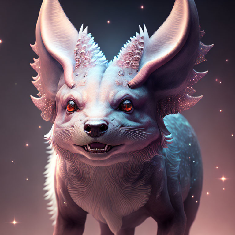 Fantasy creature with large ears, sparkling eyes, fur, and ethereal starry backdrop