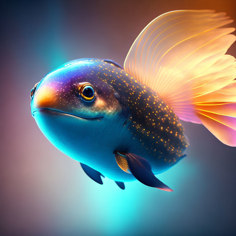 Colorful digital artwork of whimsical fish with bird-like wing in blue hues