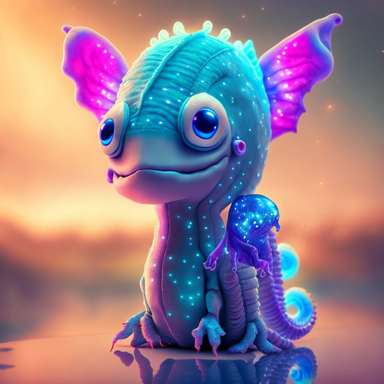 Colorful Bioluminescent Creature with Frilled Ears and Companion