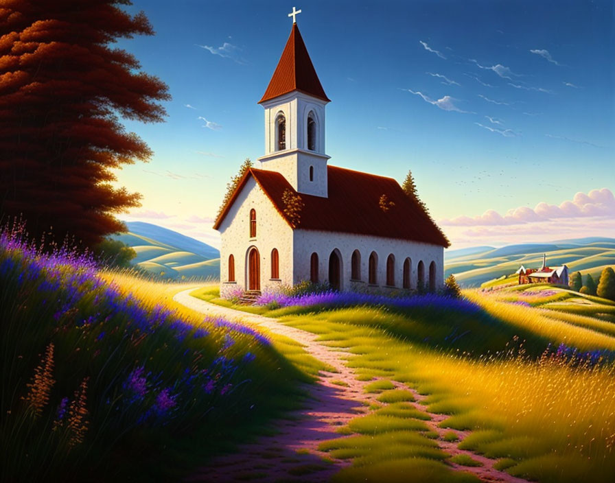 Picturesque countryside church in vibrant lavender fields & sunset sky