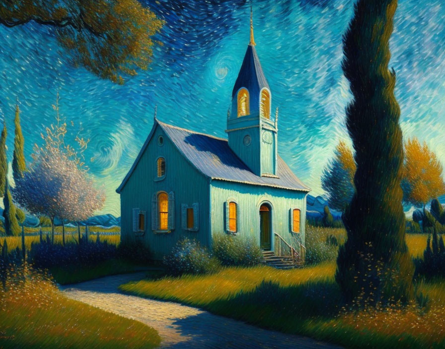 Twilight church painting with starry sky and crescent moon