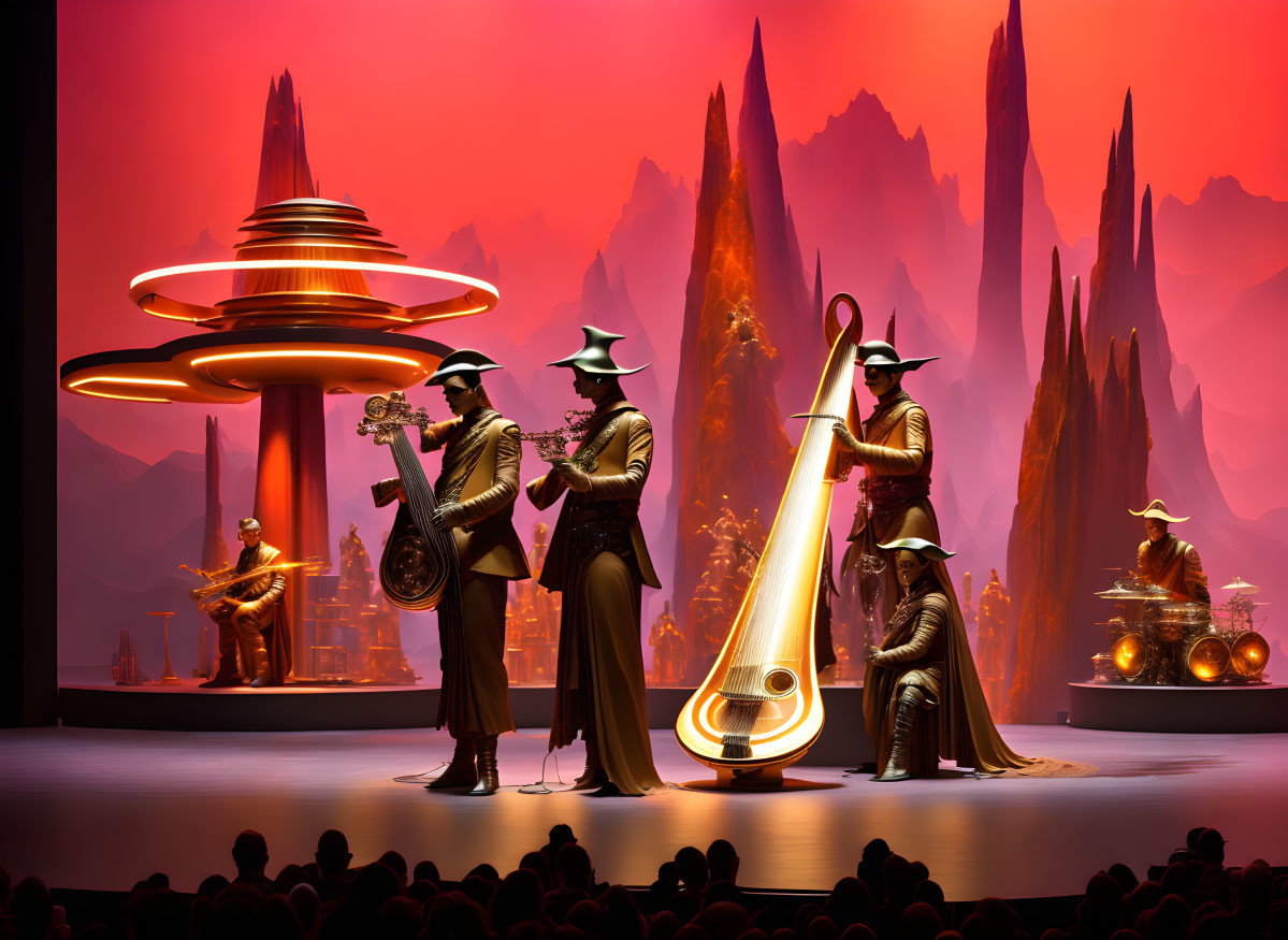 Silhouetted jazz band in fedoras performs on stage with stylized instruments amid fantastical rock