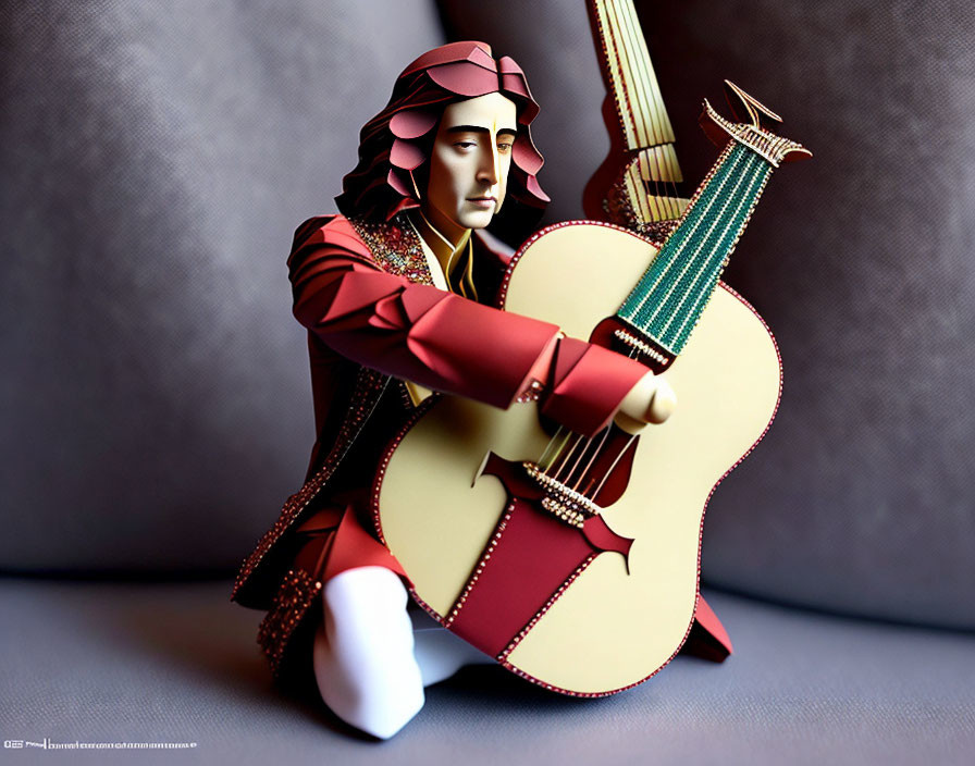 Paper craft of classical guitarist in red and pink outfit with guitar and stage background