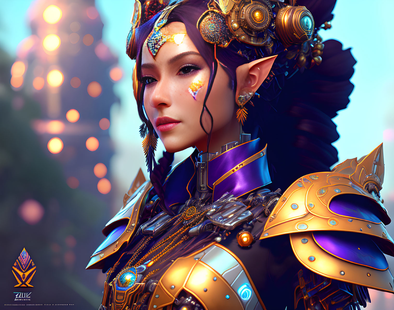 Digital 3D illustration: Female character in golden armor and headdress, with floating lantern background