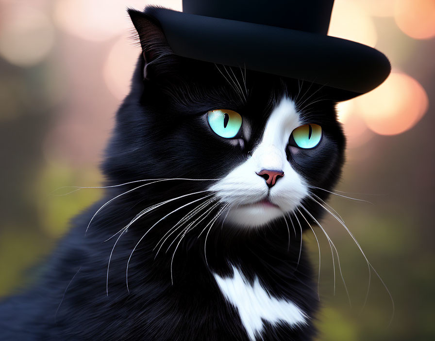Black Cat in Top Hat with Green Eyes on Blurred Bokeh Background