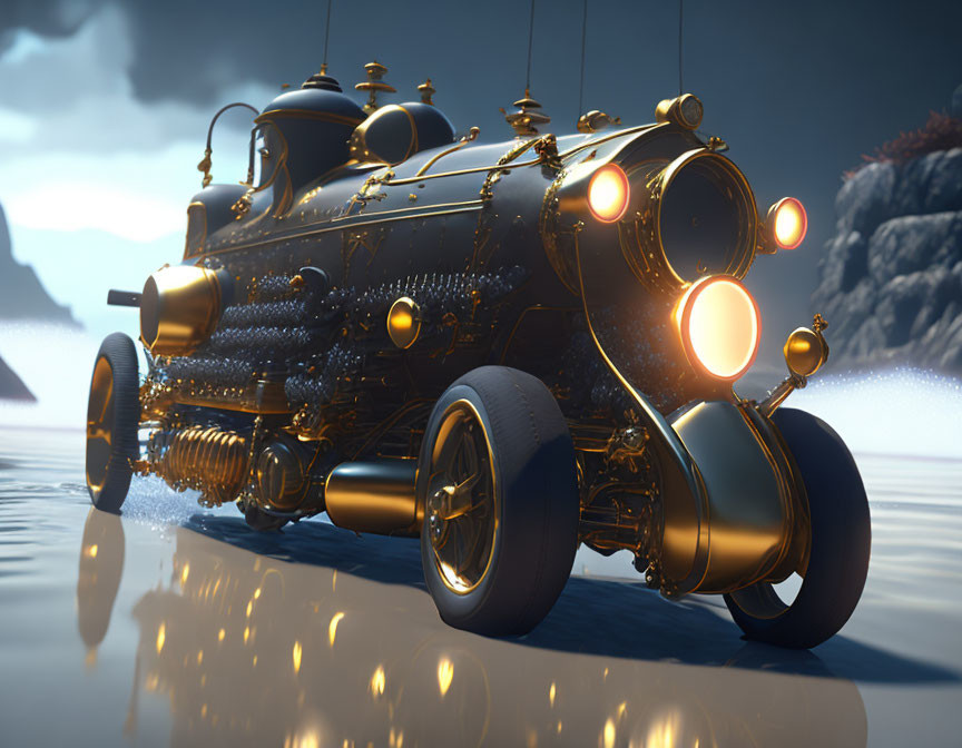 Steampunk-inspired vehicle with brass detailing and spherical lights on misty coastal backdrop