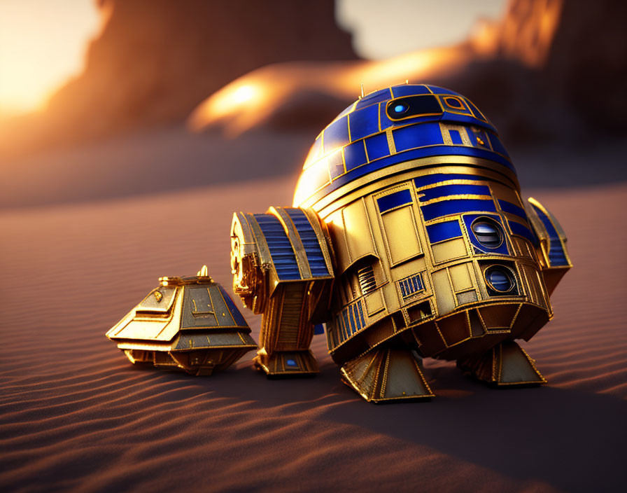 Detailed R2-D2 Model with Small Droid on Sandy Terrain at Sunset
