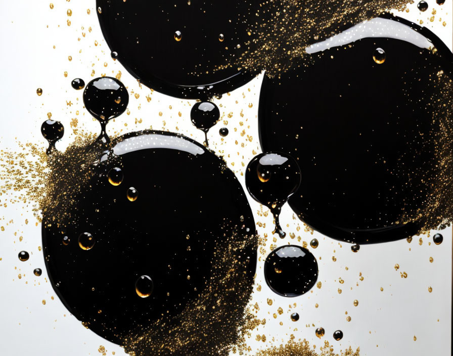 Abstract Art: Black Circles & Golden Speckles on White Background