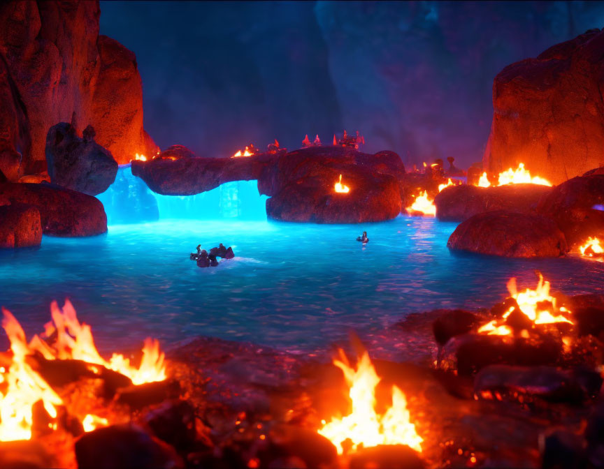 Mystical cave with glowing blue lagoon, floating people, and small fires - a magical scene