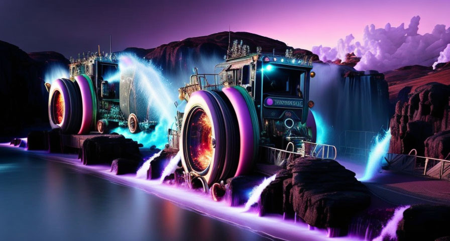 Futuristic glowing-wheeled trucks on vibrant alien landscape