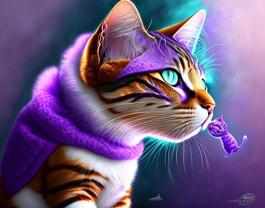 Vibrant cat art: green-eyed feline with purple scarf and fairy.